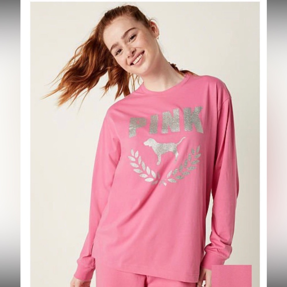 NWT SEALED PINK Glitter Shine Long Sleeve Campus Tee